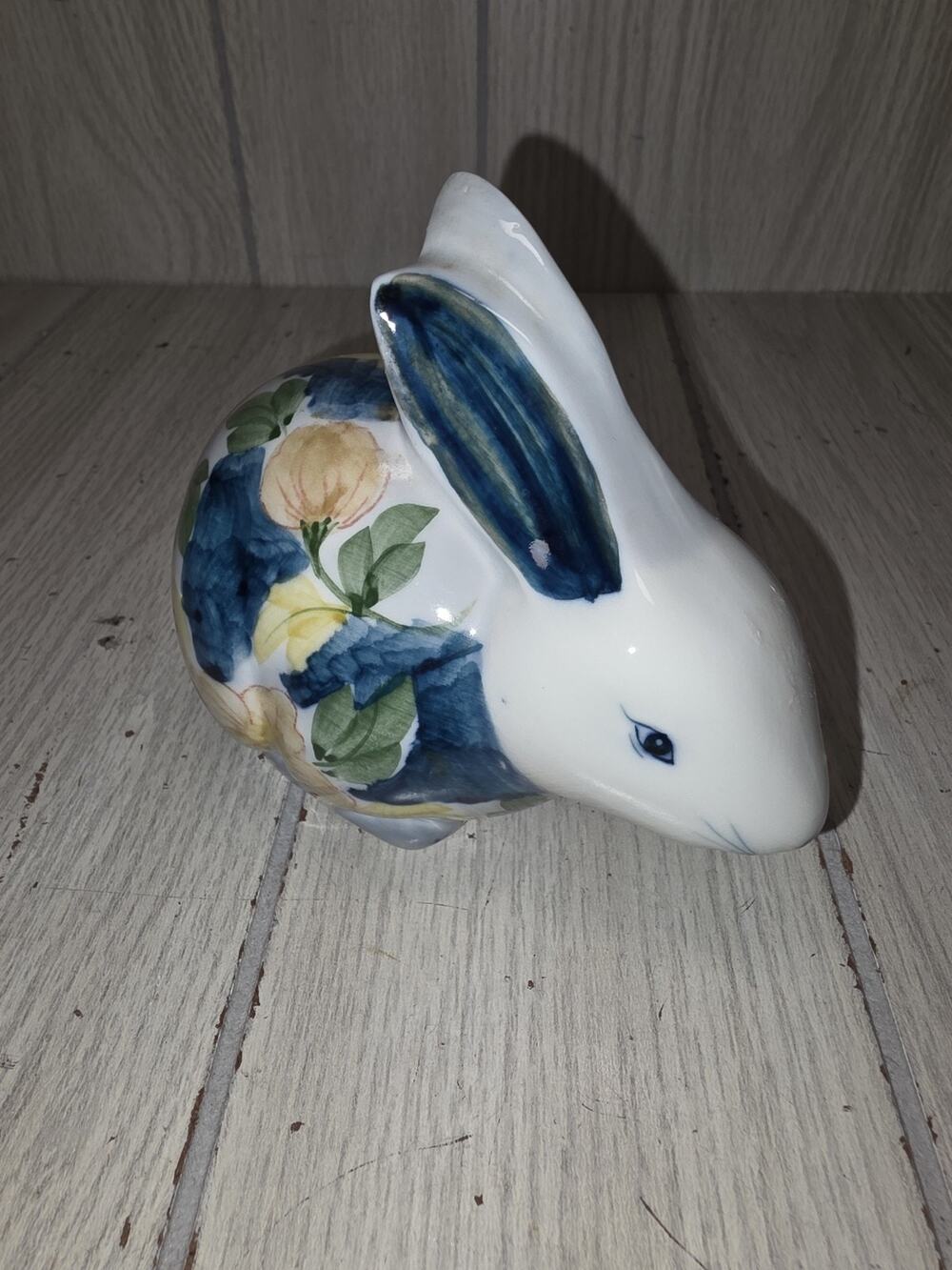 Vtg Porcelain Bunny Rabbit Hand Paited Pink/Yellow Flowers Thailand Heritage